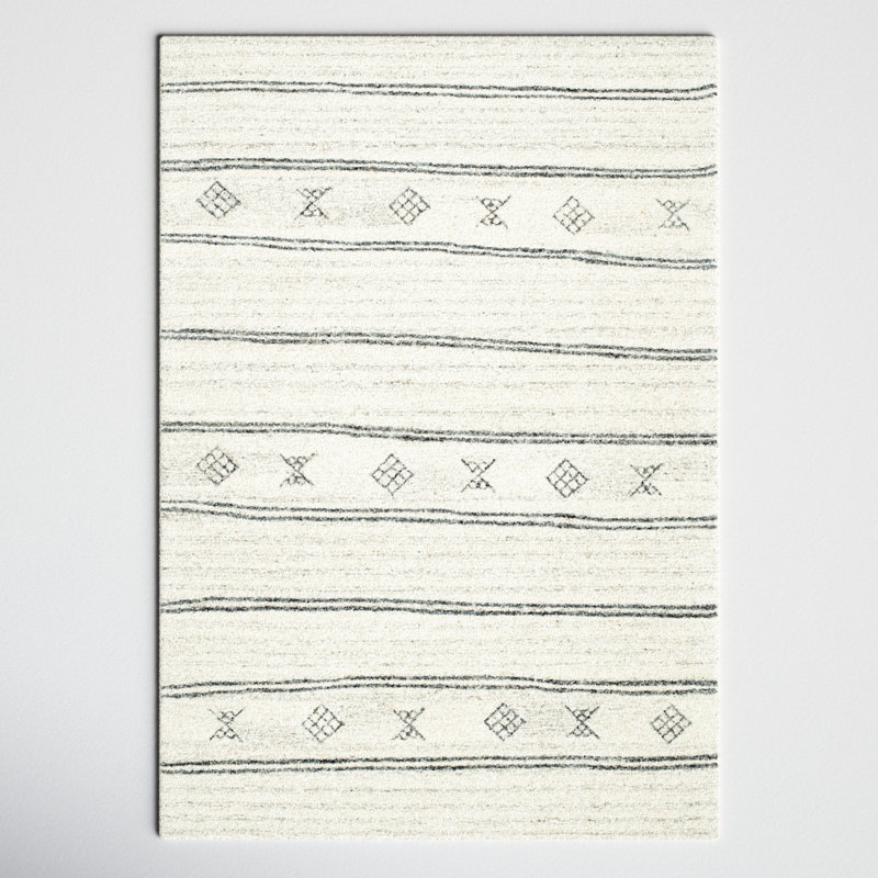 Rectangle Milada Striped Hand Tufted Wool Area Rug in Black/Beige, Rectangle 2' x 3'