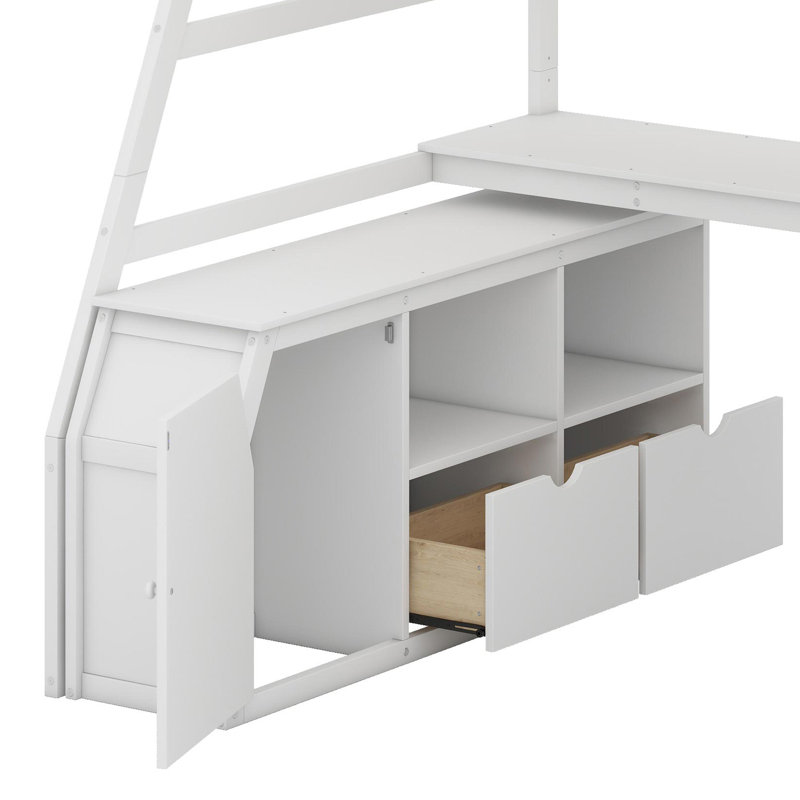 Lit mezzanine avec tiroirs, tablettes et bureau, blanc, Lit simple