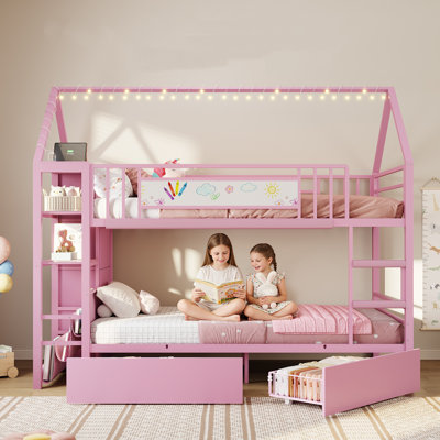 Bunk Bed Twin Over Twin With Storage Drawers And Globe String Lights House Shaped Low Bunk Bed With Montessori Bookshelf Metal Bunk Beds With Ladder And Guardrail,space Saving, Pink.