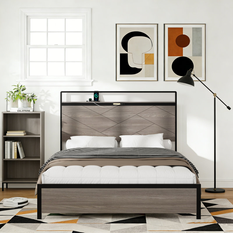 Industrial Platform Bed with USB Charging Station and LED Light, Wood Bed Frame with Headboard and Underbed Storage, Weight Capacity 800 lbs, No Box Spring Needed, Antique Grey, Full