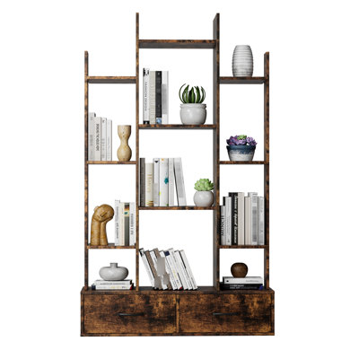 Étagère à livres vintage rétro avec 2 tiroirs et 12 tablettes, brun rustique pour la chambre à coucher, le salon et le rangement