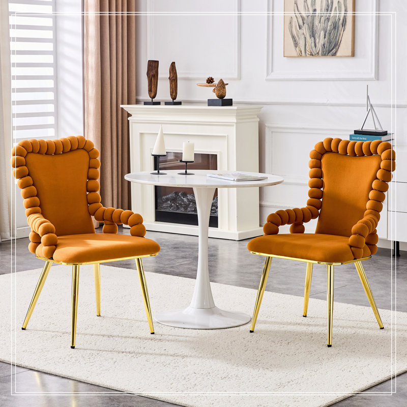Chaises de salle à manger en velours avec pieds dorés, Orange