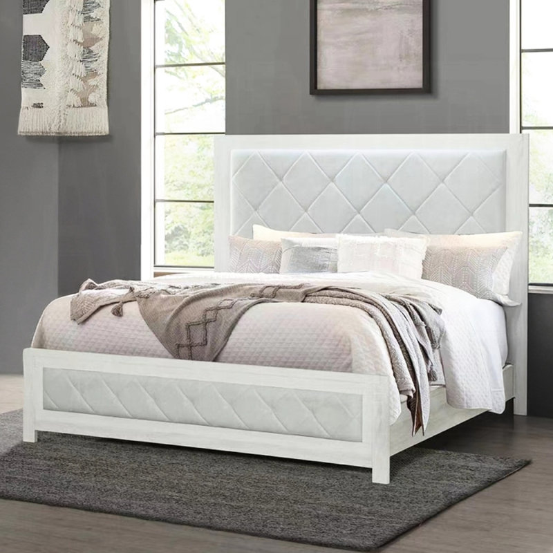 Grand lit transitionnel moderne avec tête de lit en lin beige et bois