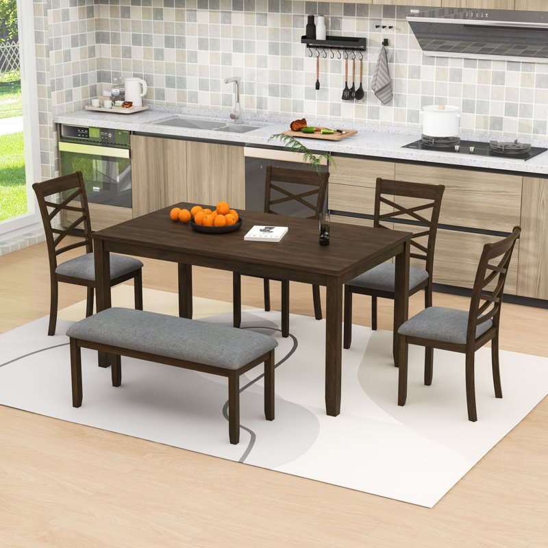 Ensemble de table de salle à manger en bois avec table rectangulaire, 4 chaises rembourrées et banc