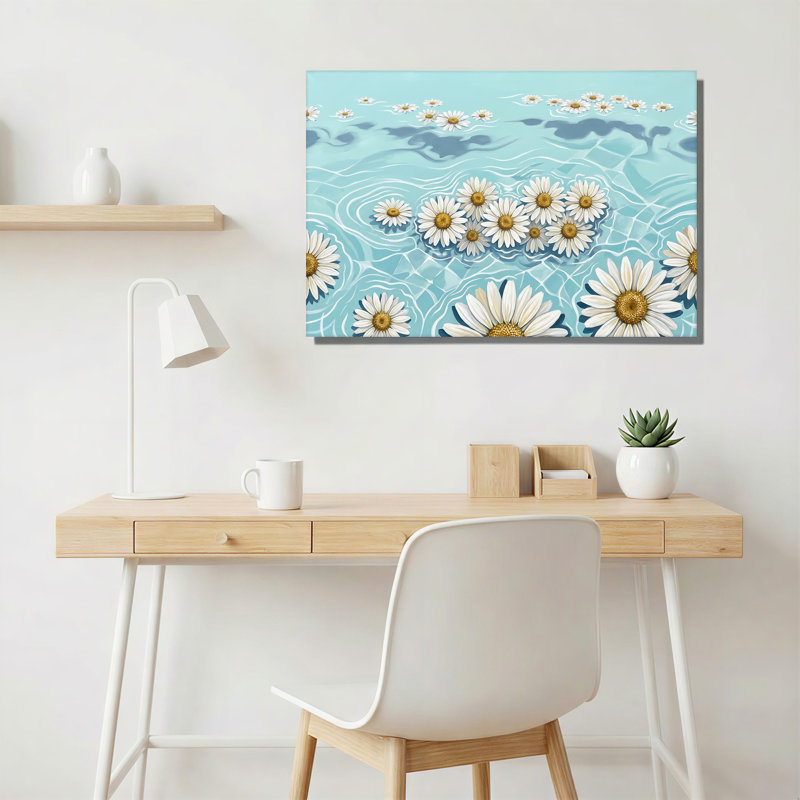 Art mural sur toile "White Daisies" flottant sur l'eau bleue ondulée, H 16 po x l 24 po