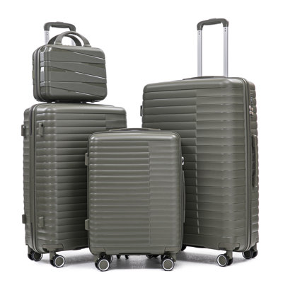 14"/20"/24"/28"  4 pcs/set in PP Spinner Wheel Luggage, Carry on Suitcase, Iron Pull Rod, Combination Password Lock, 14" Cosmetic Case (Green)
