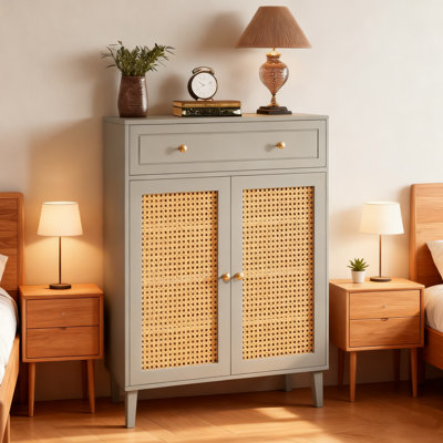 Mint Green Wood Sideboard Buffet With Rattan Panels - Large Capacity Storage Cabinet With Adjustable Shelves And Drawer, Modern Vintage Style For Living Room, Dining Room