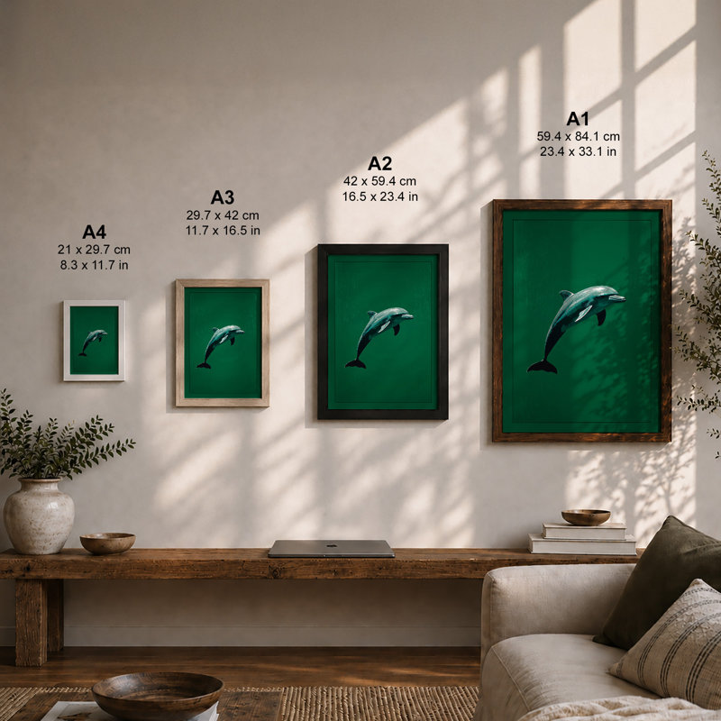 Leaping Dolphin Coastal - Framed Print, A1 - 84.1 x 59.4 cm, Black