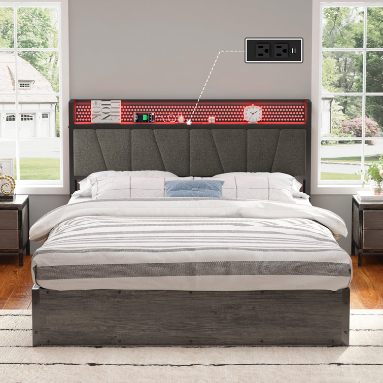 Lift Up Bed Frame with Linen Upholstered & LED Storage Headboard & Charging Station