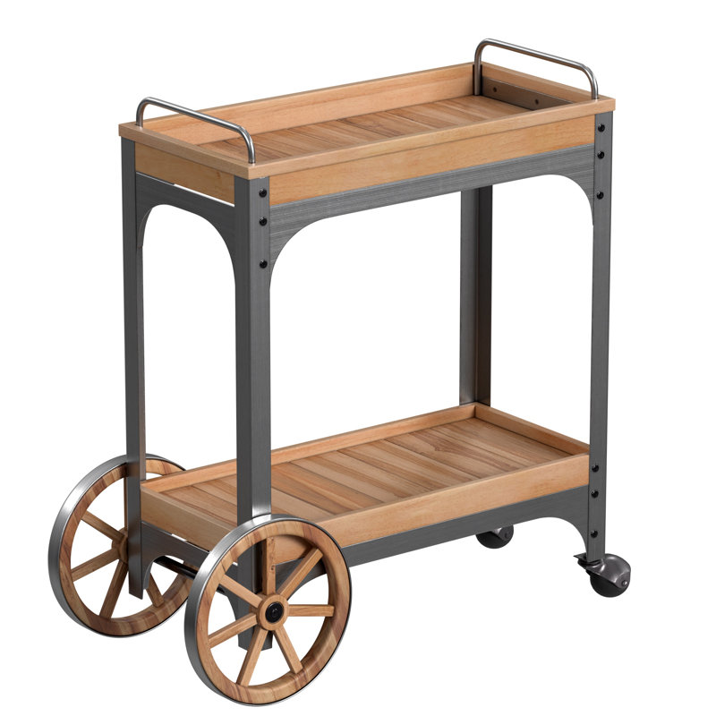 The Rustic Entertainer Bar Serving Cart on Wheels, Acacia Hardwood with Two Shelves 