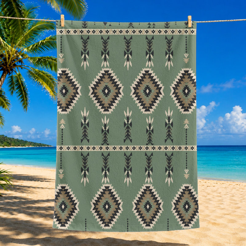 1 serviette de plage bohémienne 1 pièce, avec un motif géométrique dans des tons terreux sur fond vert sauge. Grande microfibre, idéale pour la natation et les voyages, unisexe.