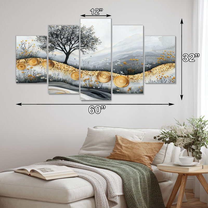 5 fleurs dorées, paysage de rivière en cristal II - décoration murale fleurs sauvages - Art mural traditionnel