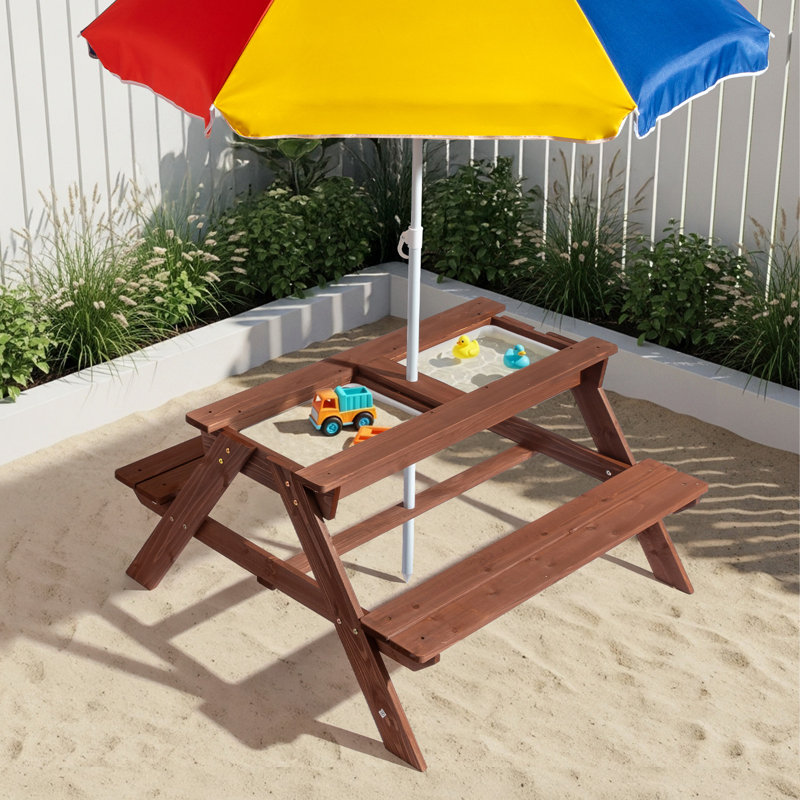 Kids Wood Rectangle Outdoor Picnic Table And Bench With Umbrella And Play Boxes, Brown