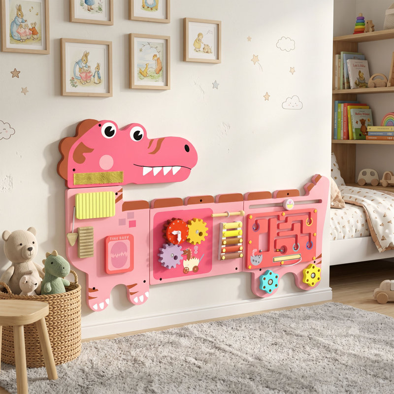 AIYAPLAY Dinosaur Busy Board Panels Toddler Learning Activity Centre Pink