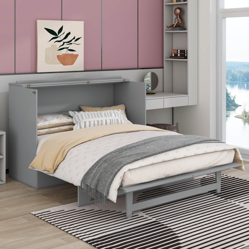Lit escamotable avec grand tiroir, ports USB et prises USB, Double, gris