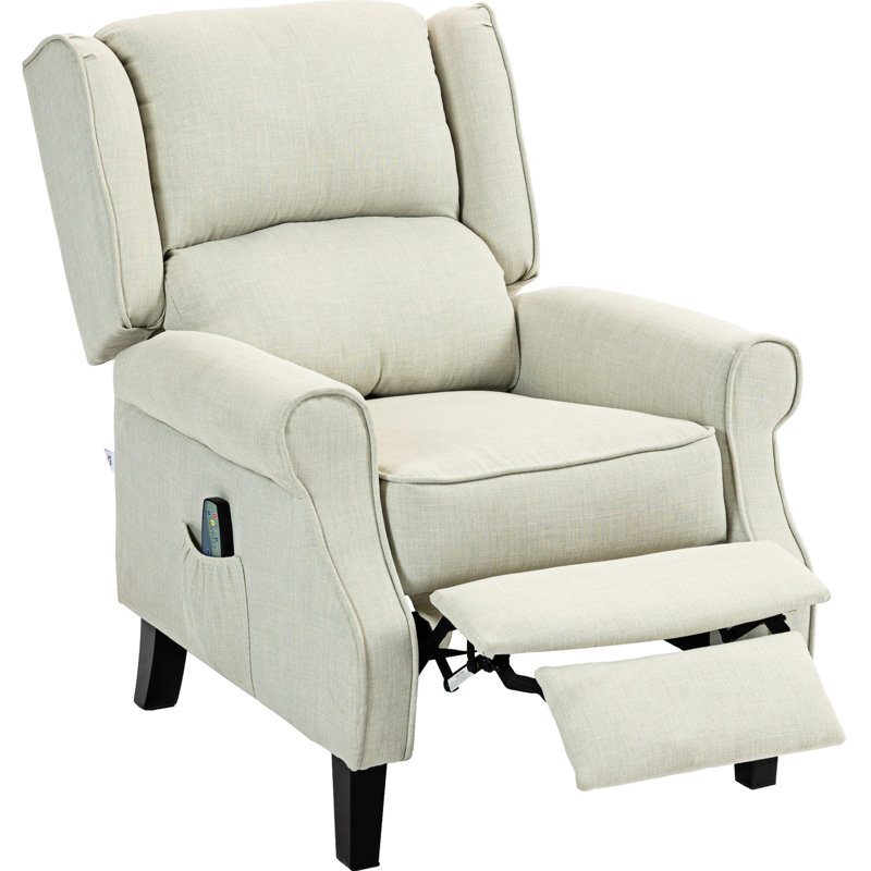 Fauteuil en lin blanc avec massage chauffant et vibrant pour relaxer la chaleur du fauteuil inclinable - Tissu à oreilles simple, repose-pieds et poche latérale, tranquille