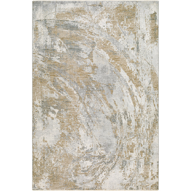 Tapis abstrait en polypropylène tissé à la machine en beige / gris, Rectangle 12 pi x 15 pi