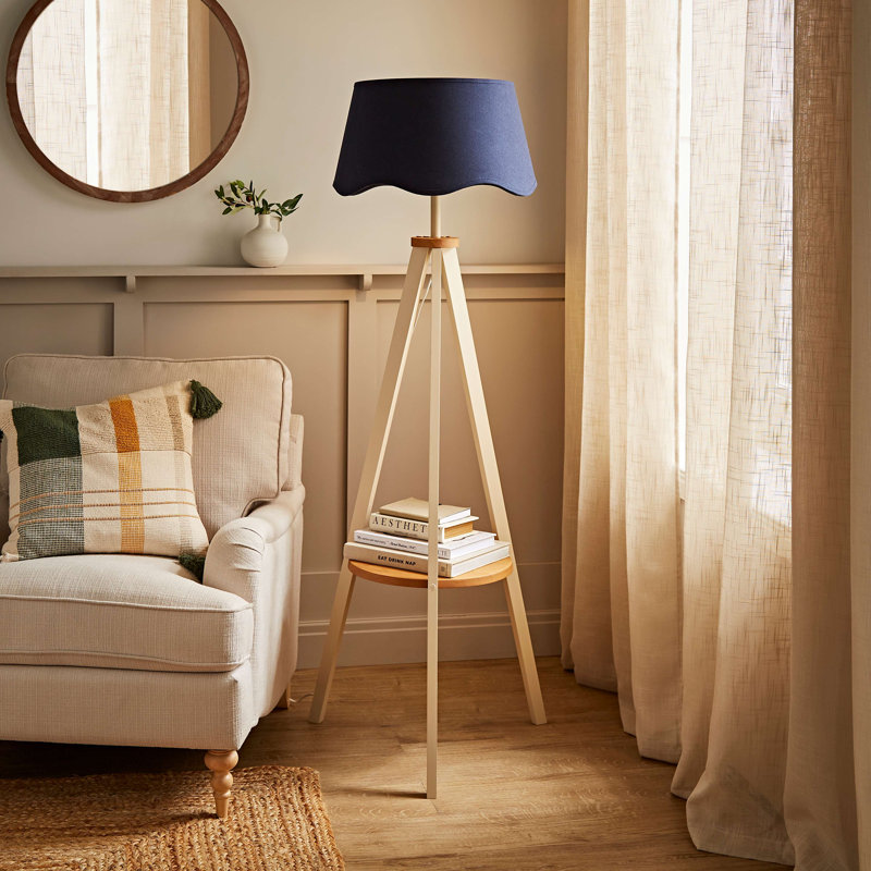 Morrigan Painted Cream Tripod Floor Lamp with Scalloped Shade, Blue, Yes