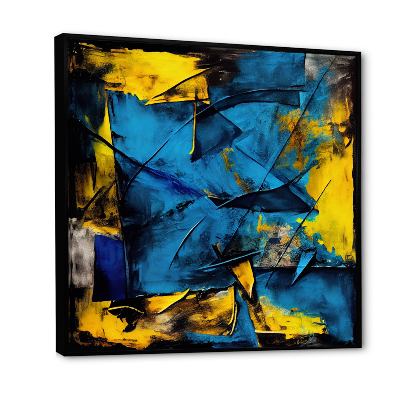 «Bliss Of Happiness in Yellow and Blue I - Abstract Collages», art mural, Cadre flottant noir, H 36 po x l 36 po x P 1,5 po