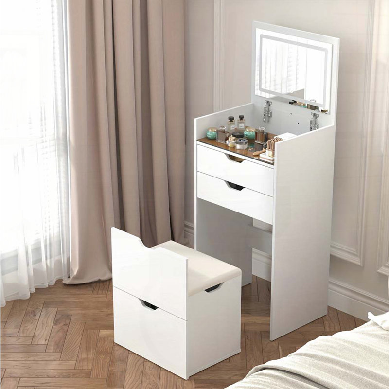 Coiffeuse 3-en-1 avec miroir rabattable, lumières 3 couleurs et tabouret de rangement caché, White