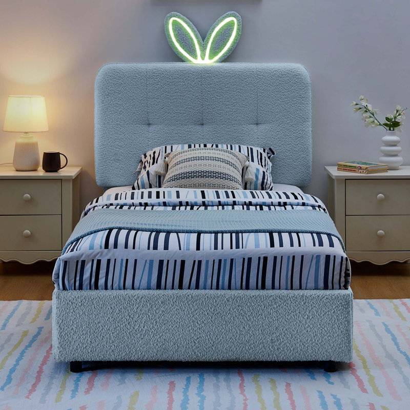 Lit tapissier pour enfants avec tête de lit pour oreilles de lapin et lumières DEL, Marine