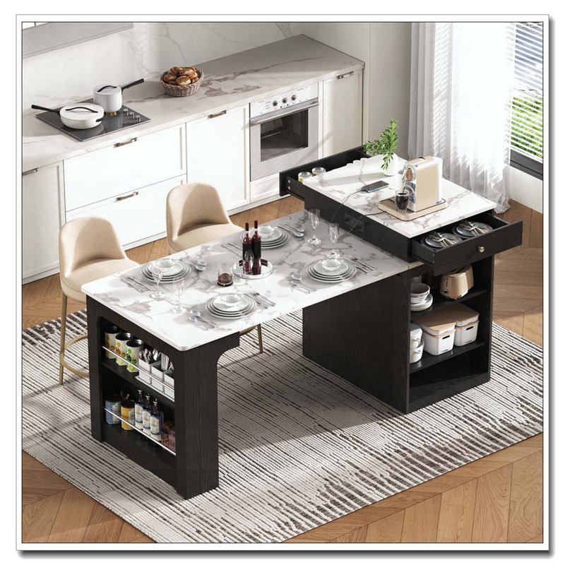 59.5"Kitchen Island With Extendable Dining Table, Kitchen Storage Table With Double-Sided Storage, Kitchen Island With 2 Drawers, Power Outlet, Side Open Shelves, For Kitchen