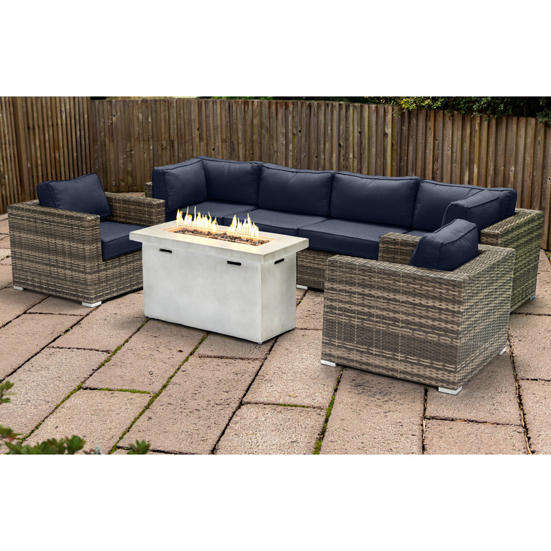 Ensemble de conversation pour 6 personnes avec foyer et coussins Sunbrella Lsi, Bleu marine