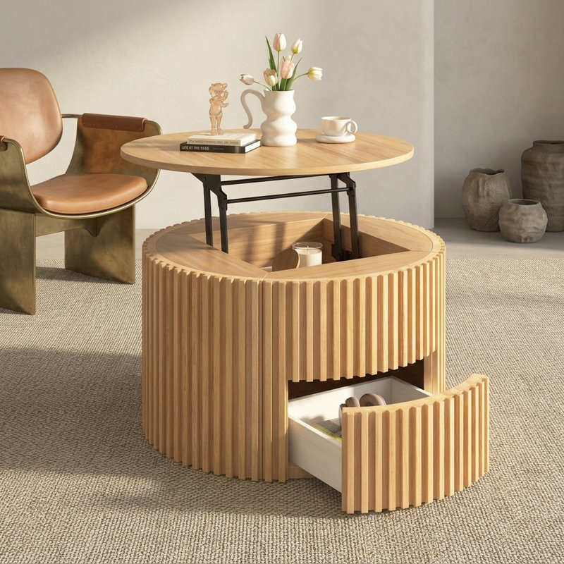 Table basse à plateau relevable 29,8 po avec rangement caché cannelé pour salon brun clair, Marron clair