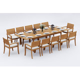 12 Seats 13 Pcs Grade-A Teak Wood Dining Set: 118" Double Extension Rectangle Table And 12 Travota Stacking Arm Chairs #11TV2412
