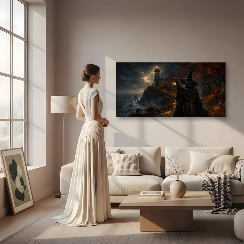 Tableau sur toile représentant une sorcière d'Halloween, une ville illuminée et magique, imprimée sur toile. Grande œuvre d'art gothique et effrayante pour la décoration du salon, de la chambre et de la maison. Cadeau idéal pour les amis, la famille, un anniversaire ou Noël.