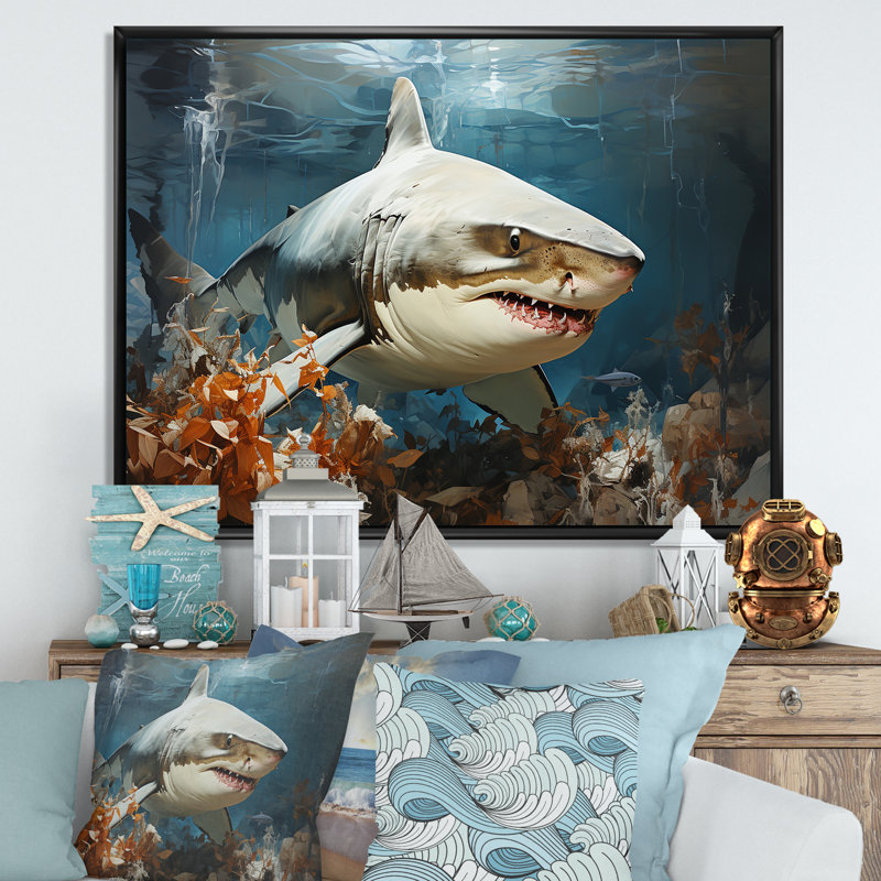 " Minimalism Shark Hunting ", Black Floater Framed, 30" H x 40" W x 1.5" D