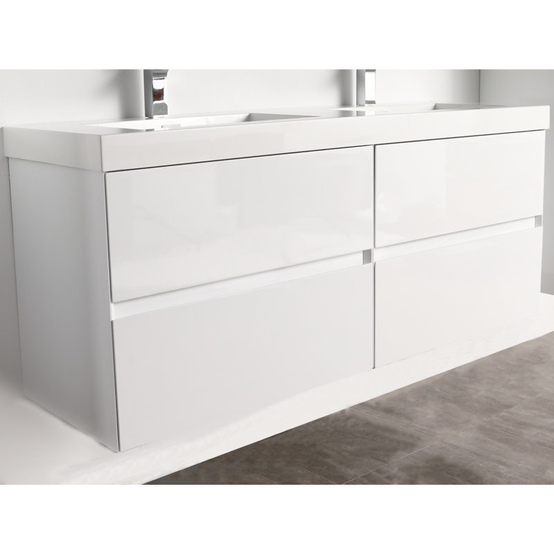 Ensemble de meuble-lavabo à double cuve mural blanc brillant 48 po Blossom, Blanc