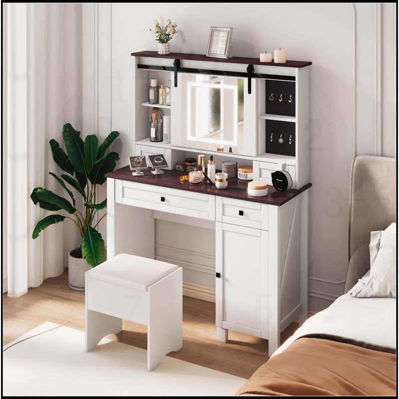 Charming Farmhouse Vanity with Multiple Storage Options and Illuminated Mirror