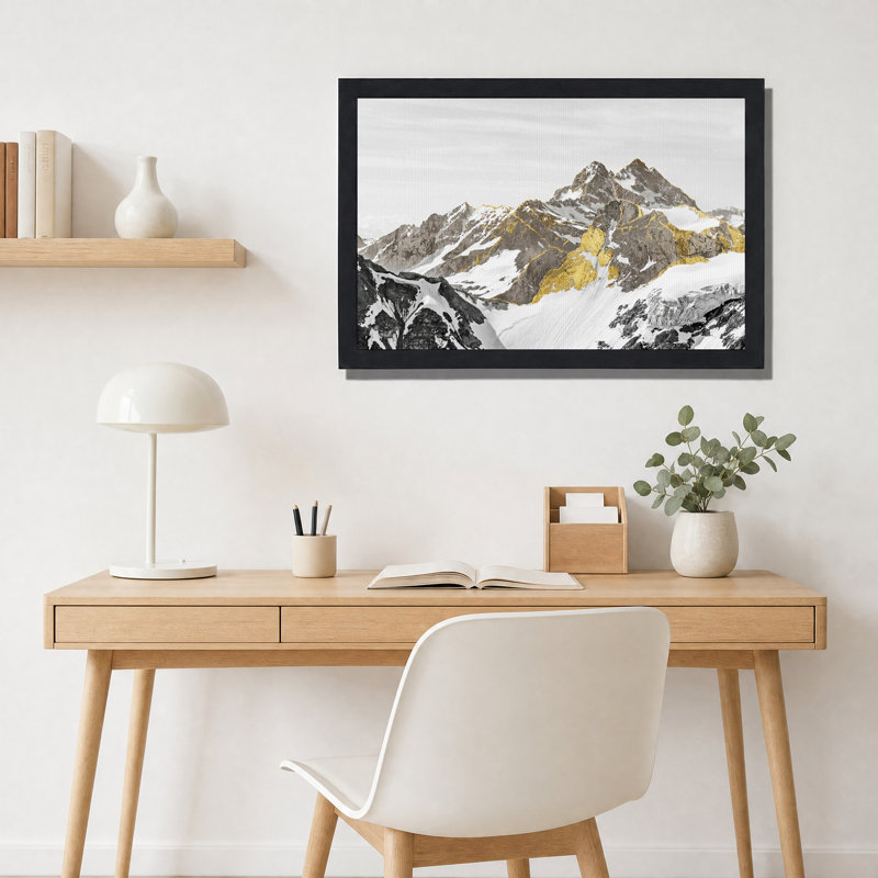Tableau sur toile représentant une chaîne de montagnes enneigées ornée de feuilles d'or, 20"H x 30"W