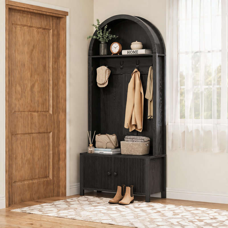 Black Farmhouse-Style Entryway Coat Rack, Four-In-One Multi-Functional Design, Includes Hooks, Shoe Rack, Bench, And Hallway Accessibility.