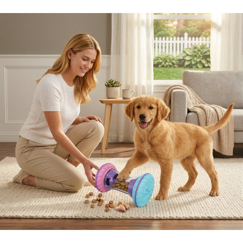 Jouet interactif pour chien avec haltères interactif, distribution de friandises réglable, roulement silencieux pour appartement, rose