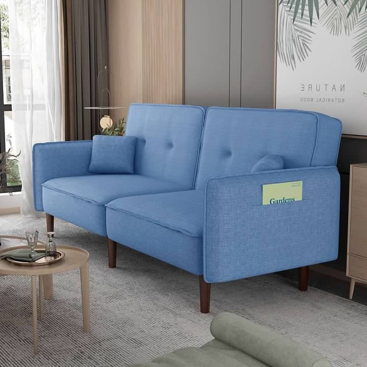 Baldomero Upholstered 75'' Sleeper Sofa, Blue Linen Blend, Brown