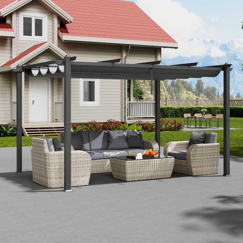 Pergola d'extérieur rétractable avec auvent en aluminium, Gris, H 90,55 po x l 116,54 po x P 15,55 po