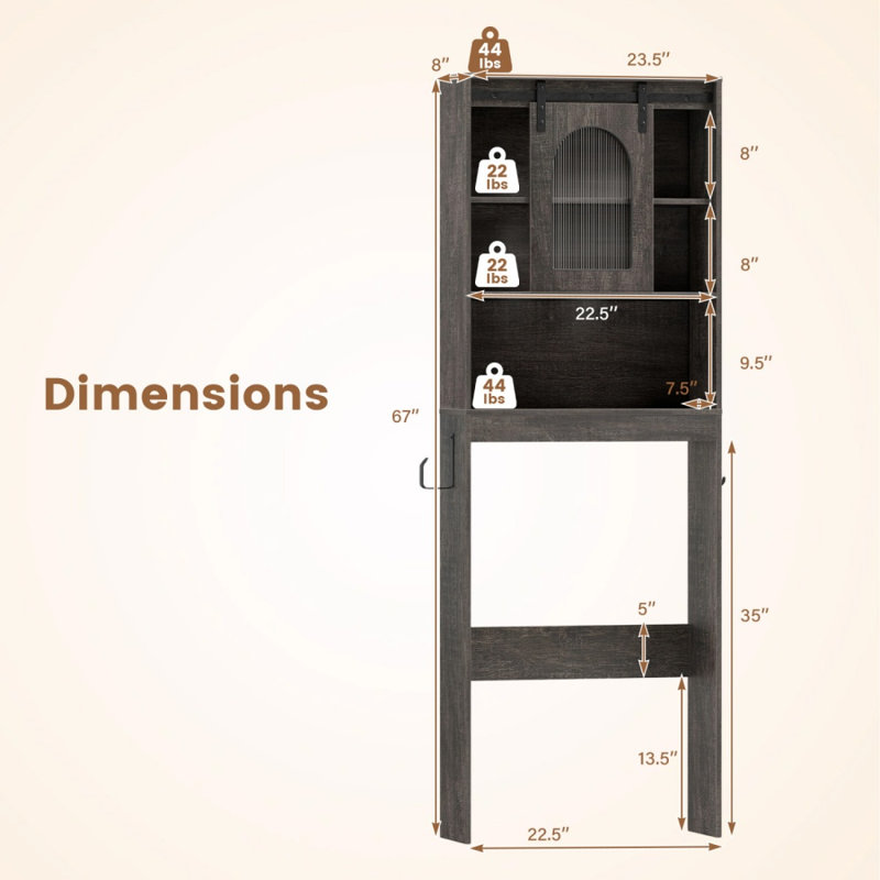 Armoire de rangement suspendue au-dessus des toilettes avec porte coulissante de style grange et étagères ouvertes, Brown
