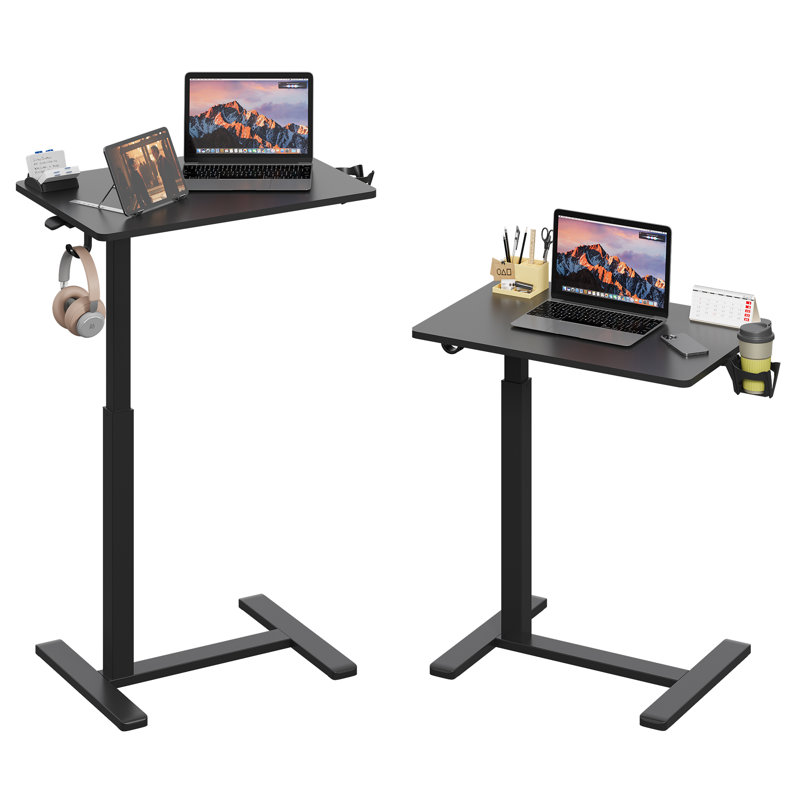 26"×19" Black  Side Column Height Adjustable Gas Spring Laptop Desk With Wheels, Portable Sit-Stand Mobile Office Table With Cup Holder And Headphone Hook