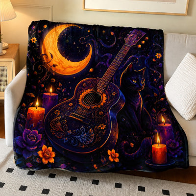 Cozy Black Cat Guitar Moon Candle Pattern Plush Blanket, Artistic Decorative Throw for Bedroom, Living Room Home Decoration