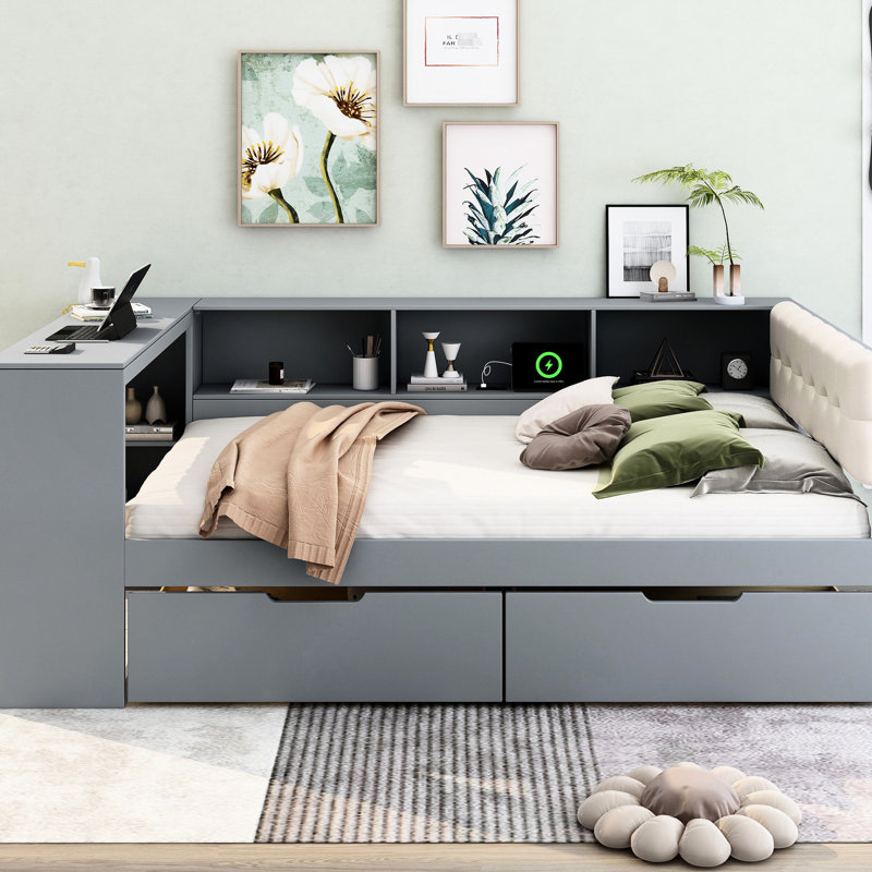 Lit double en bois avec tablettes de rangement, tiroirs, tête de lit rembourrée et élégante, tiroirs gris, coiffe Point Soft