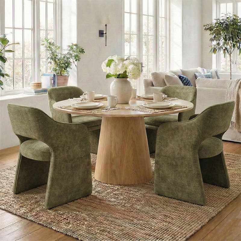 Ensemble de table de salle à manger pour 4 personnes avec table ronde et 4 chaises rembourrées, Jaune, Sage Green