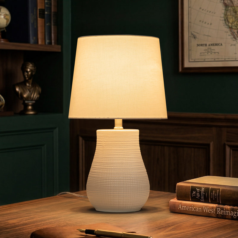 19.25" Contemporary White Ceramic Table Lamp With Textured Base & Linen Shade, White