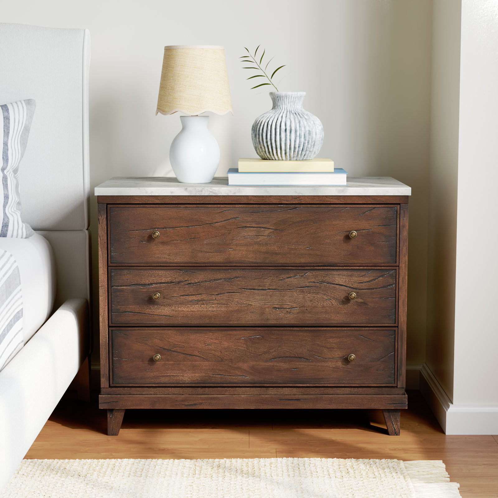 Elson 3 Drawer Marble Nightstand, Brown/White
