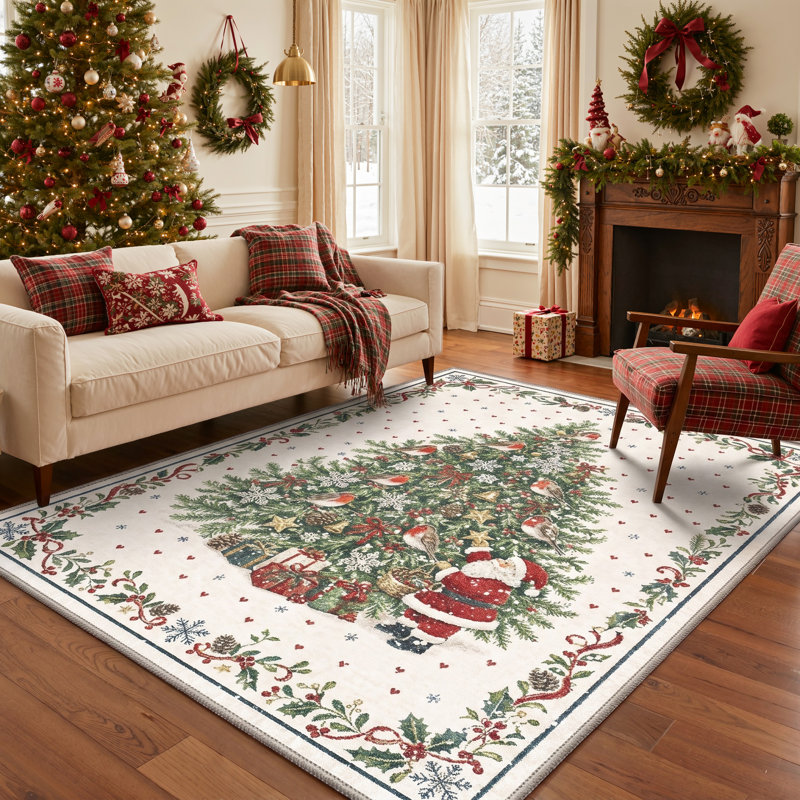 Tapis de Noël vintage vert ivoire lavable à la machine avec motif sapin et père Noël et envers antidérapant