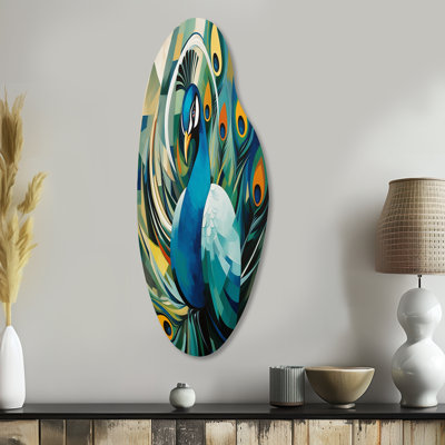 «Green Blue Peacock Cubist Peacock Cubism», art mural asymétrique en métal paon