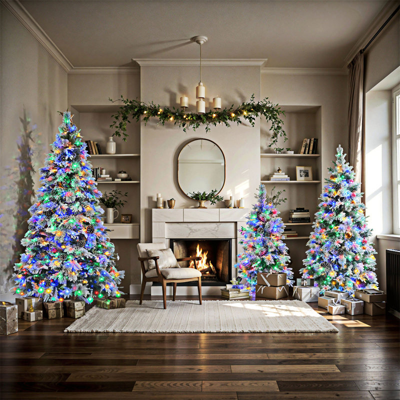 Pre-Lit Spruce Snow Flocked Xmas Tree Set - 4FT, 6FT, 7.5FT with Pine Cones