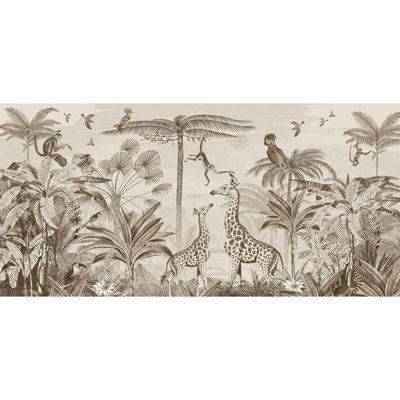 Murale sépia jungle safari - Papier peint animal tropical rétro avec girafes, singes et oiseaux pour chambre d'enfant ou de salon