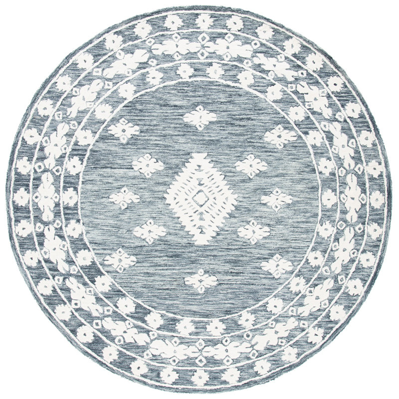Hand Tufted Wool/Cotton Southwestern Rug in Dark Gray, Round 7'
